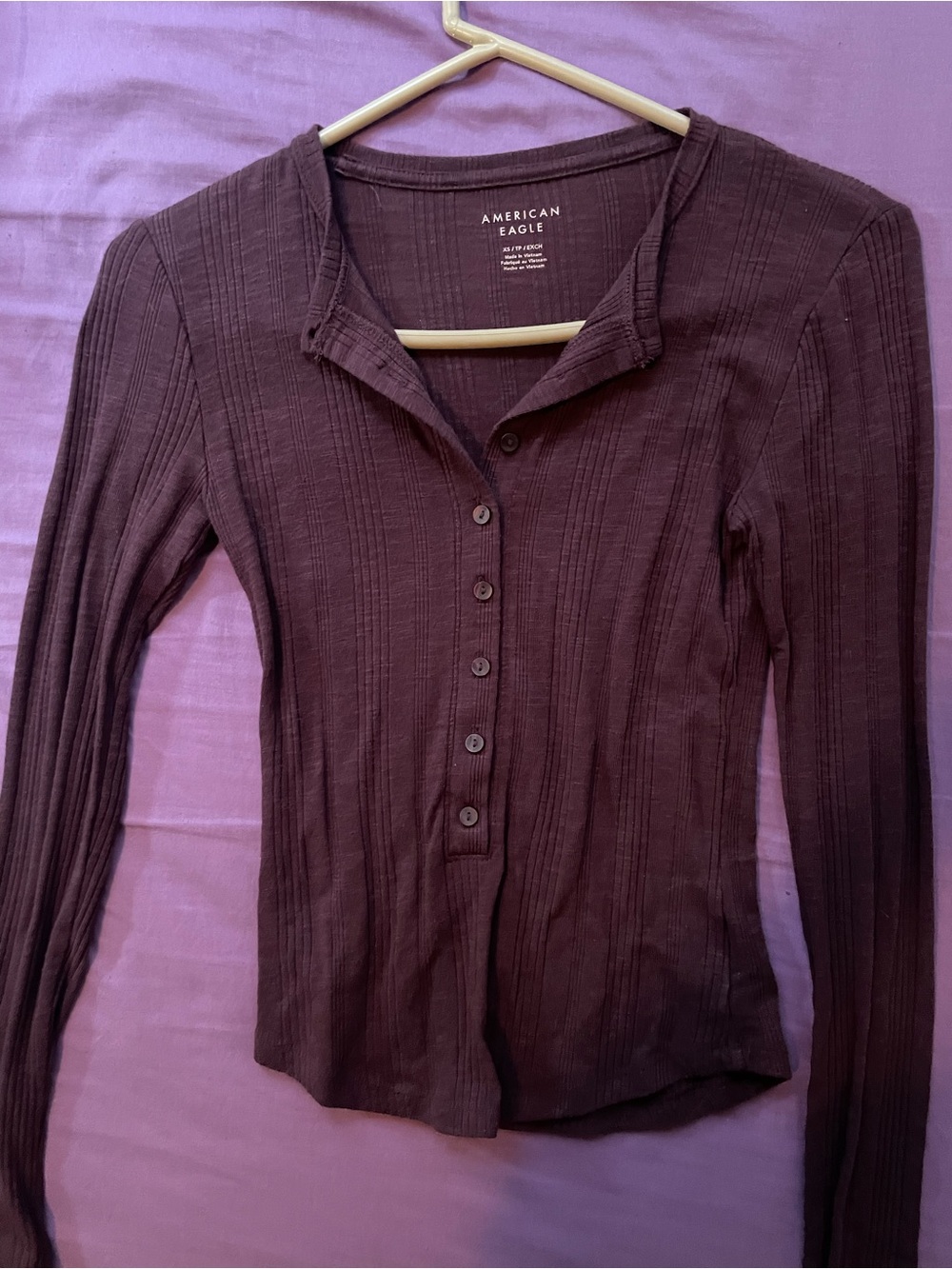 American Eagle Outfitters Long Sleeve Ribbed Henley Top - Plum
